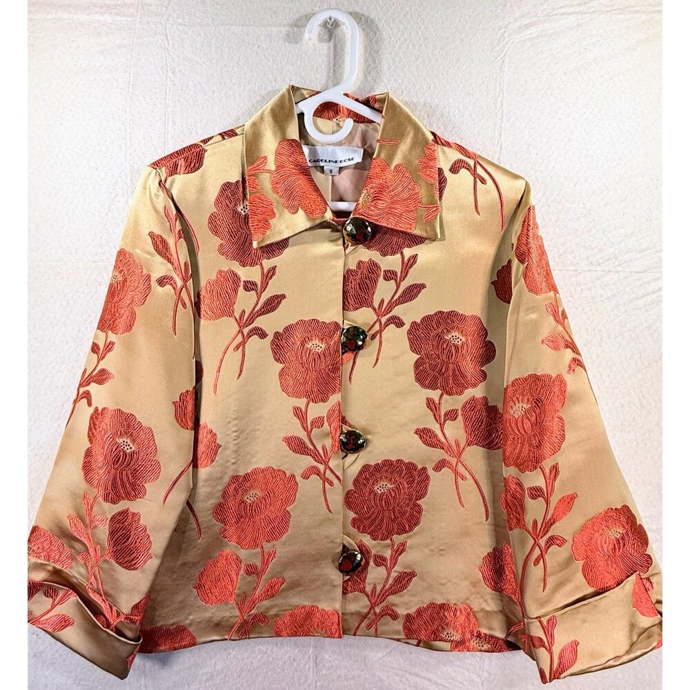 Caroline Rose Coral Beige Golden Silk Jacket Floral Size Small